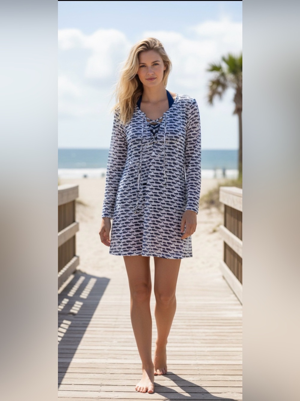 Mud Pie Navy and White Whale Print Coverup Whales 🐳
